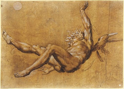 hadrian6:The Fall of Icarus. Giovanni Baglione. Italian 1566-1643. black chalk and brush and gray wa