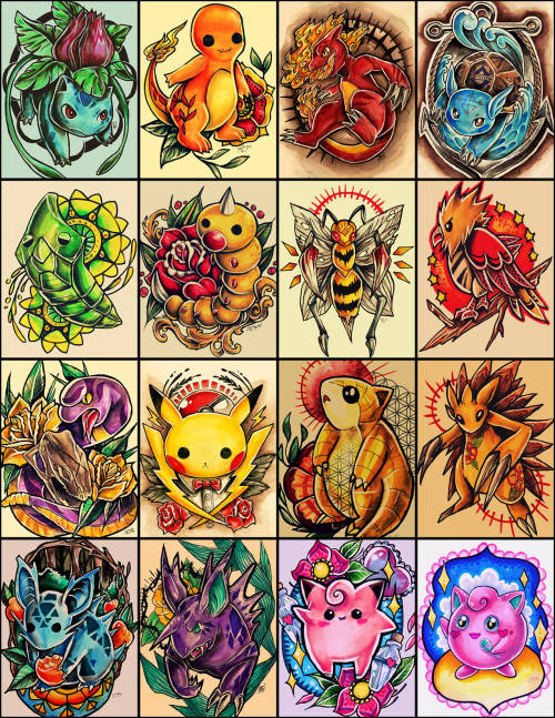 retkikosmos:  Pokemon Tattoo Design Seriesfull series as of June 2015my biggest series of i’ve done/ will ever doI took a few months hiatus from this project but I’m back at it and i’m still determined to draw them all! 