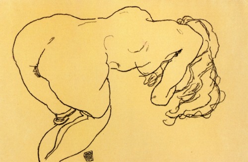 expressionism-art: Long haired nude, bent over forward, jerk view, 1918, Egon SchieleMedium: charcoa
