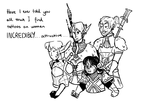 mascindulgence:Anders ur out of the band  This was originally just meant to be a silly self indulgent headcanon comic bUT THEN I FOUND OUT THERES A SCRAPPED CONCEPT FOR THE DRAGON AGE COMICS WHERE SIGRUN AND VELANNA ARE LOVERS?????? god fucking bless