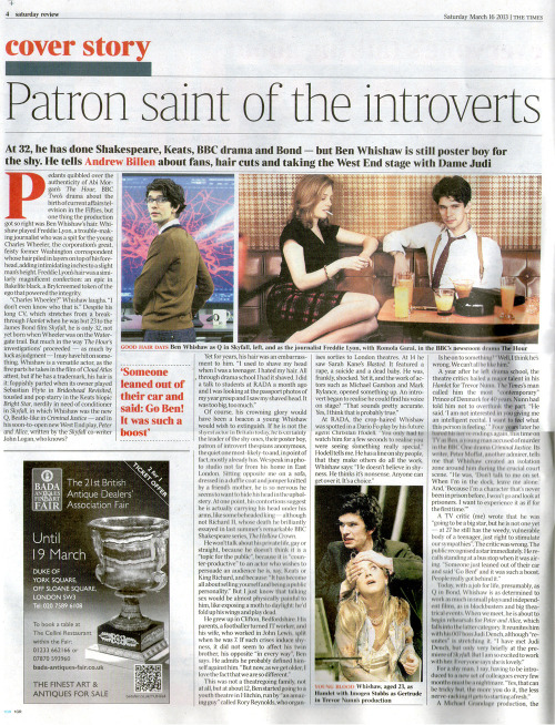 quietbatperson:Scans from The Times Saturday review Ben Whishaw article (16/3/13).Bigger versions 