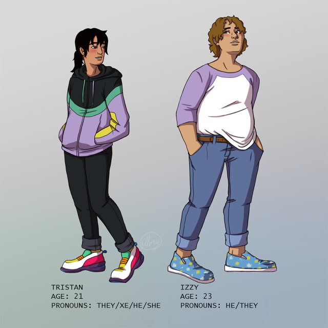 drawing of two characters looking at each other and blushing. on the left is tristan, asian, hair in a ponytail, wearing colorful clothes on the right is izzy, latino, wavy hair