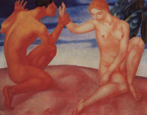 kuzma-petrov-vodkin: Youth (Kiss), 1913, Kuzma Petrov-VodkinMedium: oil,canvas