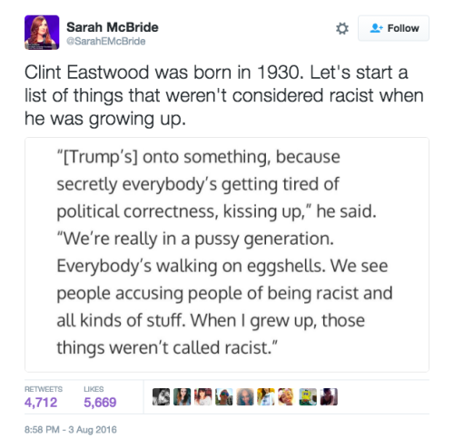 attndotcom:   Sarah McBride just shut down Clint Eastwood’s defense of Donald Trump’s racism.  The National Press Secretary of @humanrightscampaign and first openly transgender speaker at a national party convention, wasn’t willing to let Eastwood’s
