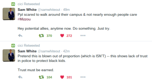 majiinboo:  lyonnnss:  zendayasauntiewig:  pls spread this and pray for the black students of mizzou tonight  WOW thats crazy.  So you acknowledge that your black students fear for their safety, but you’re giving out an exam to potentially have them