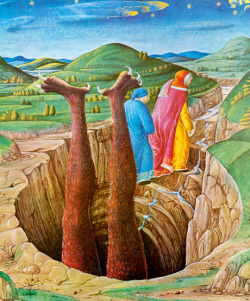 praguey:  Illustration of canto XXXIV of Dante’s Inferno, from a manuscript in Rome, Vatican Library, Ms Urb. Lat. 365, fol. 95v. Ferrara, 1474–1482. 