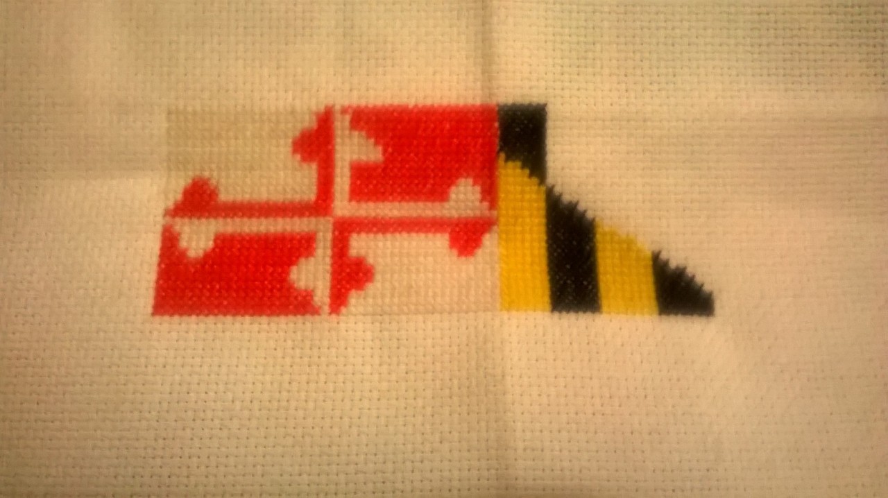 My Maryland flag cross stitch is coming along nicely considering it’s my first