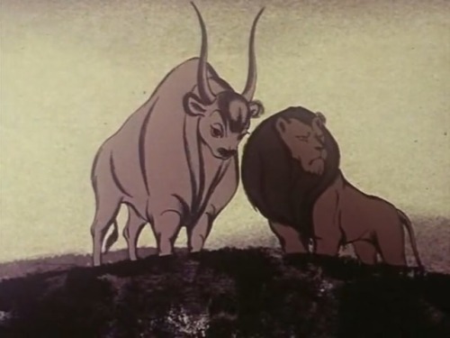 Russian animated short (and Cold War parable), Lion and Ox (1984). By Fyodor Khitruk.A lion and an o