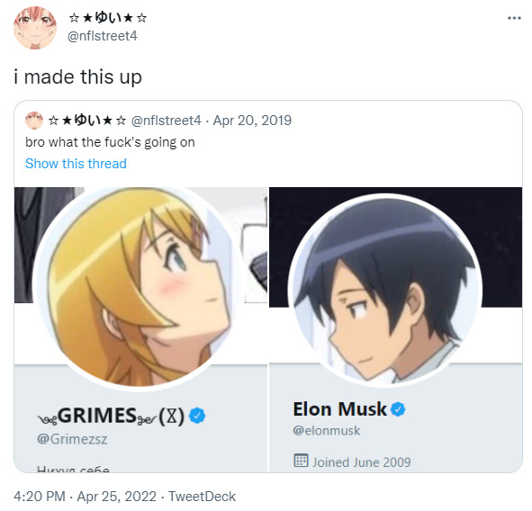 three years ago i made a fakepost about elon musk and grimes having