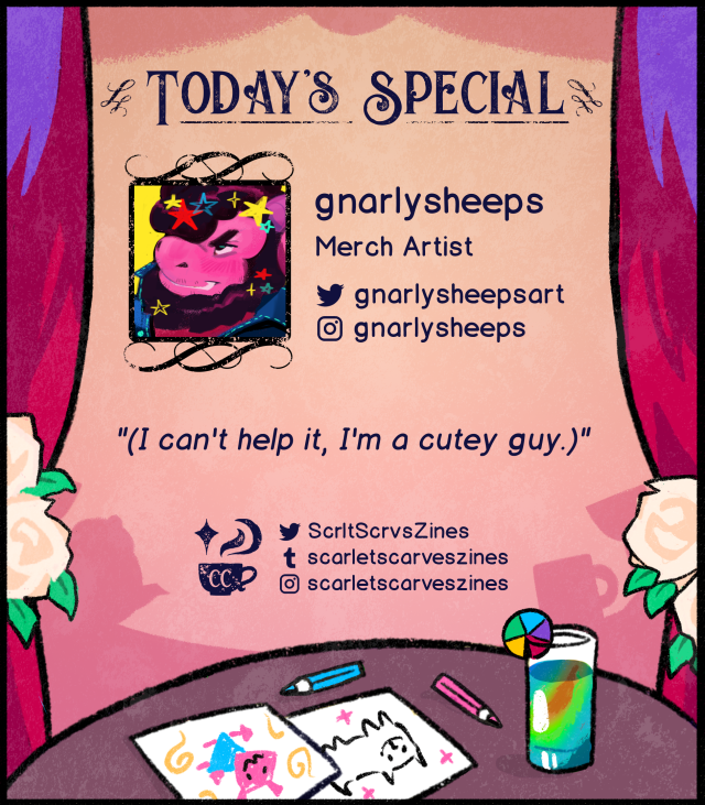 This is a contributor spotlight for gnarlysheeps, one of our merch artists! Their favorite Deltarune quote is: "(I can't help it, I'm a cutey guy.)".