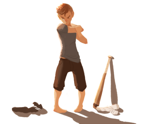 teafortteu:wonderarium:Early morning Scout. He puts his vintage baseball pants on one leg at a time 