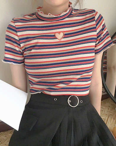 hyokko:  Colorful Striped Pattern Slim T-Shirt