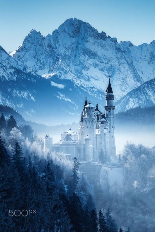 Neuschwanstein Castle in a moody winter scene by Dominik Pflumm