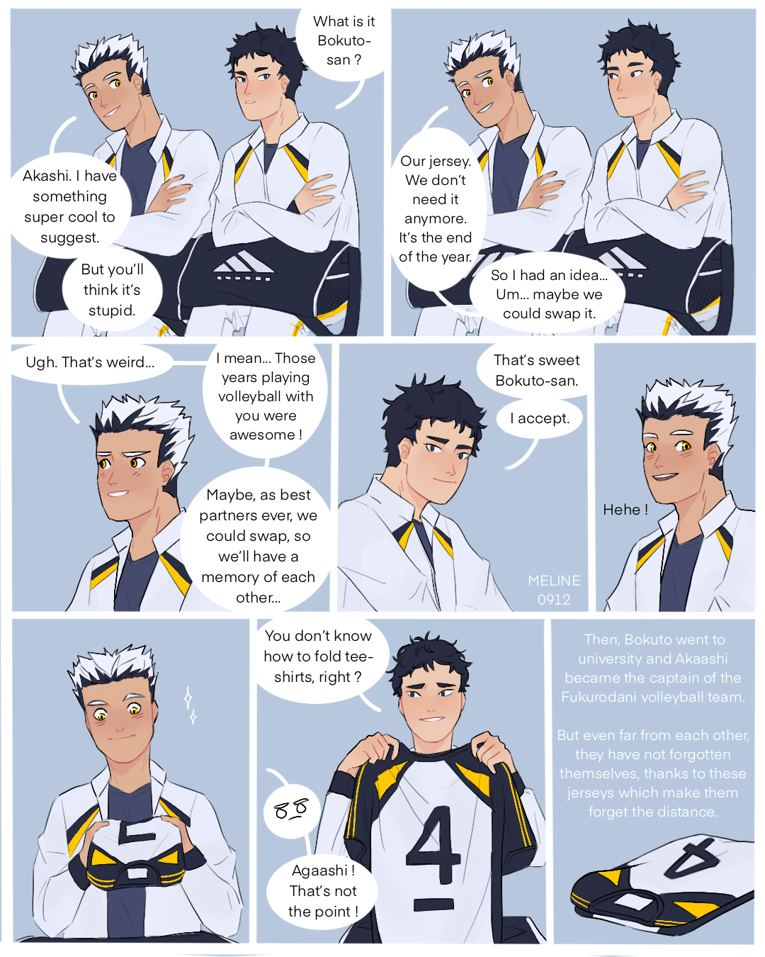meline0912:A stupid comic because they are stupidForget it after read it or you’ll never sleep again because of the nightmares :( but you can keep in mind that they swap they jerseys because it’s cute 