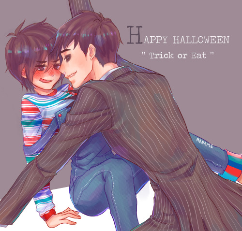 monamepleng:  Happy Halloween!Tadashi in Jack the skeleton suit and Hiro in Chucky suit.