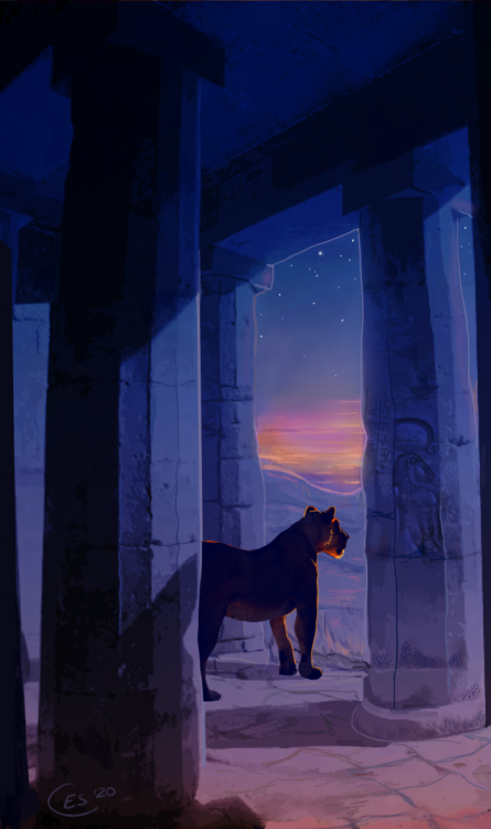 blackbackedjackal:  clerical-error: An emissary of Sekhmet greets the dawn at an old temple. @retrov