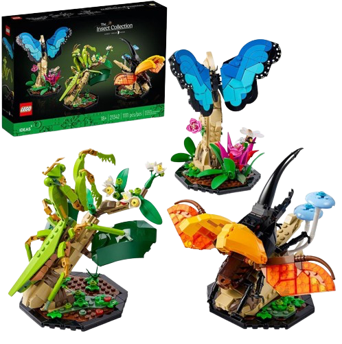 Collection of Lego Creations Bug related builds, with a blue butterfly, a orange and black beetle and a green praying mantis