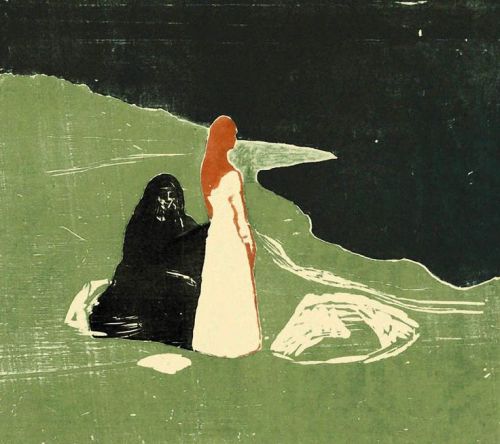 nobrashfestivity:Edvard Munch, Iterations of Two Women on the Shore,1898, Woodcut printed in colors.