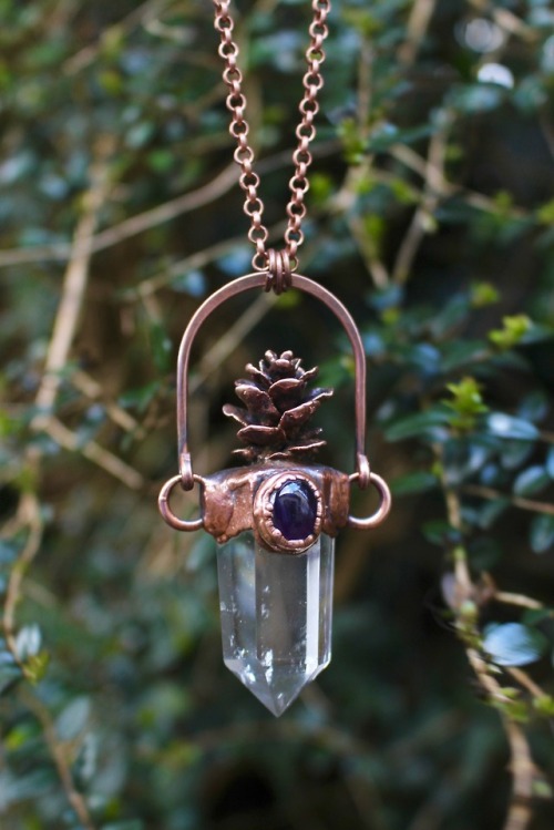 Clear Quartz, Amethyst and Natural Pine Cone Necklace, handmade and one of a kind.Available here