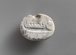 via-appia:  Chalcedony scaraboid - ship with steersman, oarsmen and warriors Greek, ca. 525–500 B.C. 