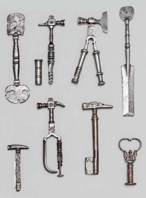 Saw sets, combination tools, hammers and a signet, 18th century. Wrought iron. Luigi Nessi collectio