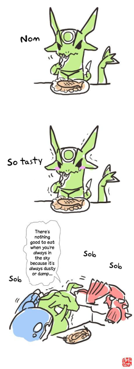 nanajana7: Rayquaza being a cute dork because he can’t eat good food :&lt; Artist: Hotathi