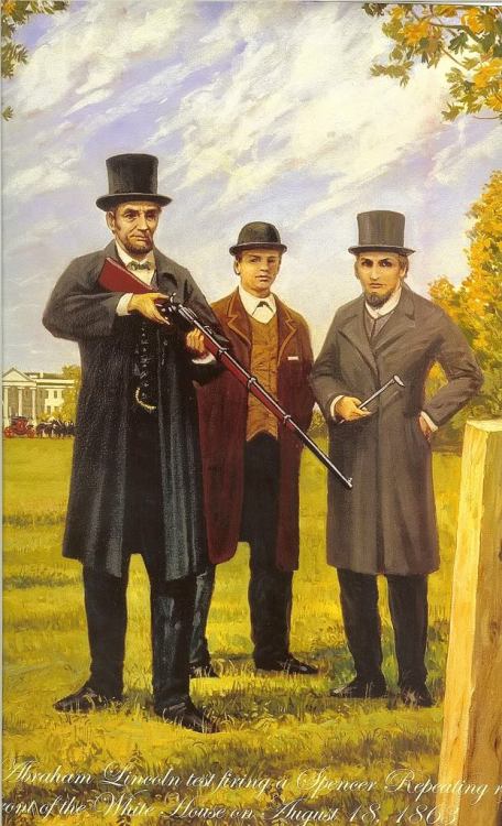 President Abraham Lincoln test fires a Spencer Repeating rifle on the White House lawn, August 18th,
