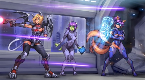 animeflux:  sapphicneko:  Neeks and Marisha extracting Neeks waifu Nalica from a secret operation. Neeks holding off the enemies while Marisha punches down a door with her holographic fist for them to escape thru.Also version with some strategic battle