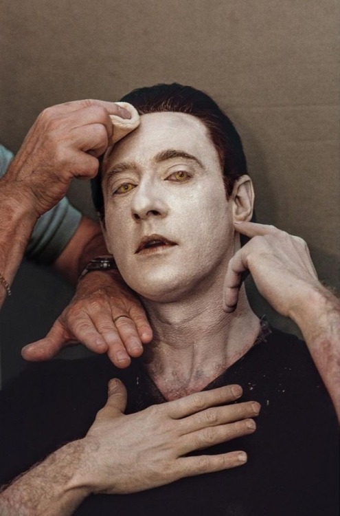 officialscud: [image ID: The first image is a photo of Brent Spiner in the makeup chair on the set o