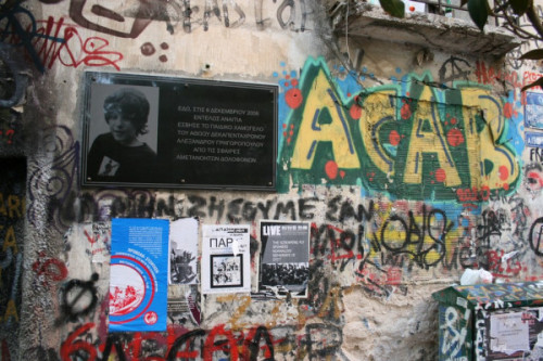 Memorial murals and stencil for Alexis Grigoropoulos, a 15-year-old anarchist who was murdered by po