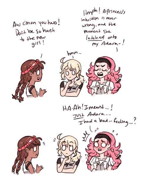 space ocs talking about the new girl. the princess is embarrassing and Adara is a