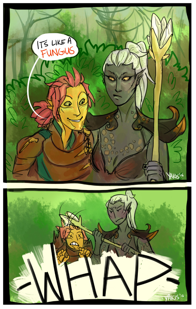 yellingwars:Shorty Gaelrich commenting on Helrana’s spots. That’s NOT NICE!Also