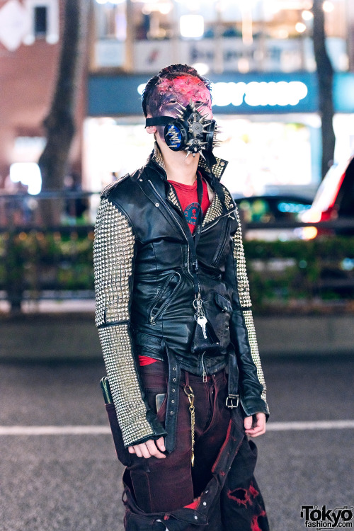 Japanese fashion designer TKM Freedom on the street in Harajuku wearing a Zac Vargas studded leather