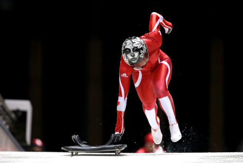 thiscaledonianlife:  Sarah Reid of Canada makes a practice skeleton run ahead of the Sochi 2014 Winter Olympics at the Sanki Sliding Center, on February 5, 2014. (Alex Livesey/Getty Images) (Murad Sezer/Reuters) 