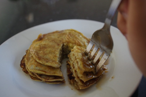 breakfast banana and egg pancakes with maple syrup  these were literally only a banana and two eggs.