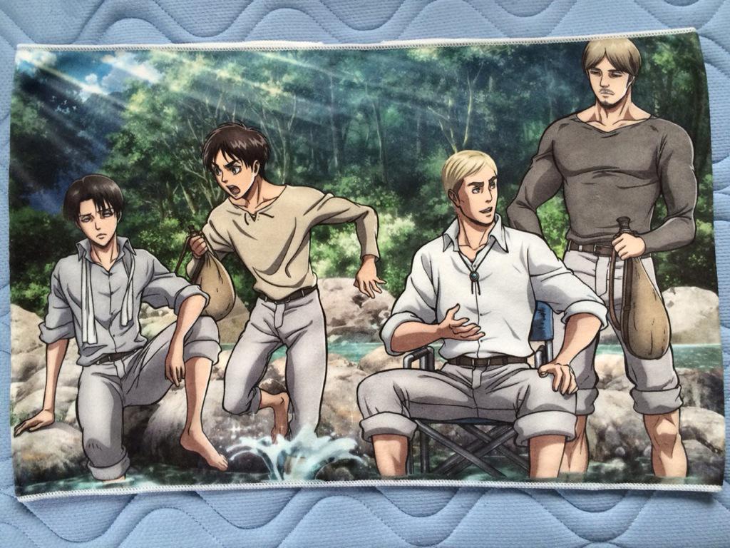 Close-ups of half of the Levi, Eren, Erwin, Mike towel exclusive to Comiket 88!Comiket