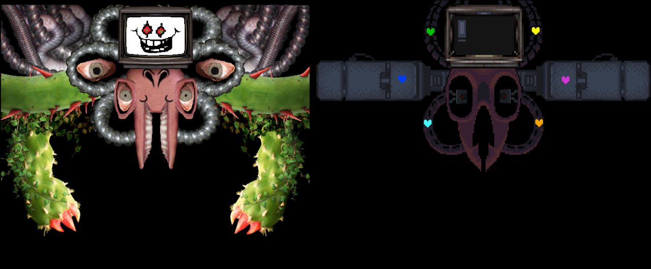 Behold: the framework of Photoshop Flowey. With 6 human souls worth of power, Flowey takes on a new form, using the parts of the true lab as an endoskeleton, covered in flesh and plant tissue.
The main body is comprised of the DT extraction machine...