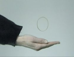 vjeranski:  Edith Dekyndt Slow Object 04, 1998 ‘Slow Object 04’ is close-up video and it shows a delicate manipulation of an ordinary round rubber band bobbing up and down in slow motion. As if the movement of the disc and the hand takes place in