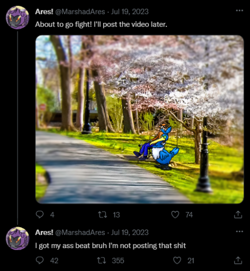 The image from before is embedded into a fake Tweet from a user named "Ares!" (username @MarshadAres), who has an avatar depicting a smug shiny Marshadow. The Tweet reads "About to go fight! I'll post the video later." and has 4 replies, 13 retweets, and 74 likes.
One of those replies is included, which is Ares not including the video, simply saying "I got my ass beat bruh I'm not posting that shit" with 42 replies, 355 retweets, and 21 likes this time.