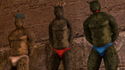 jazzy-sparks: Three argonians, captured and stripped, set to be shipped somewhere. Hopefully it isn’t cold there, not that the raiders care though. (Request pic from a friend, found here!) 