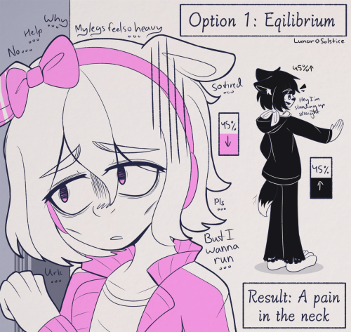 Option 1: Equilibrium. Summer is very tired now, at 45% energy, and looks and sounds very depressed. Apollo is interested that he's actually standing up straight, but is overshadowed by Summer's dismay. Result: A pain in the neck.