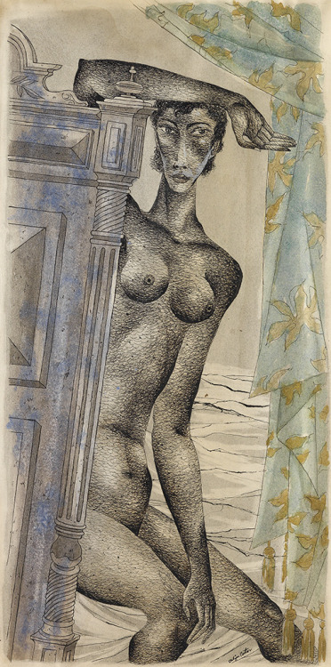 thunderstruck9:Eldzier Cortor (American, 1916-2015), Untitled (Nude Seated on a Bed), c.1948. Pen, i