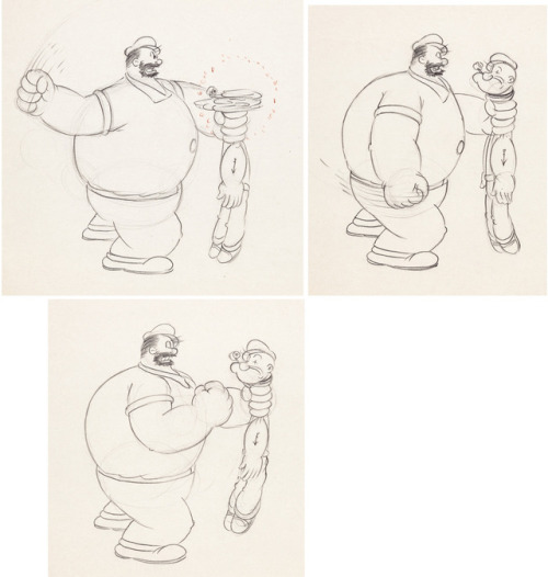 1930s Fleischer animation drawings of a fight scene between Popeye and Bluto.
