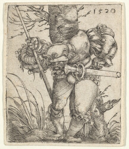 met-drawings-prints:  Bending Soldier Leaning against a Tree, Barthel Beham, 1520, Metropolitan Museum of Art: Drawings and PrintsThe Elisha Whittelsey Collection, The Elisha Whittelsey Fund, 1981Size: Sheet: 1 15/16 × 1 5/8 in. (5 × 4.2 cm)Medium: