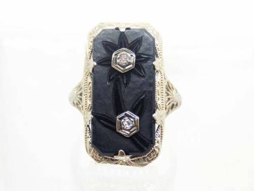 allaboutrings:Vintage 14k White Gold Carved Onyx and Diamond Ring