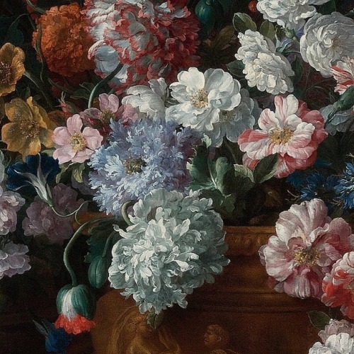 inividia:Still life with flowers in a sculpted urn with architectural fragments on a terrace, c. 169