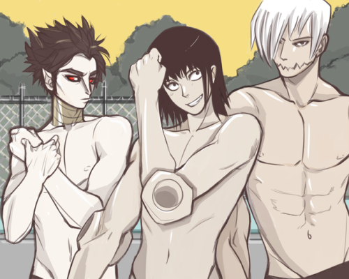 pointandpounce:  at the pool w/ my underutilized faves (feat. humanized tokoyami as a scruffy g