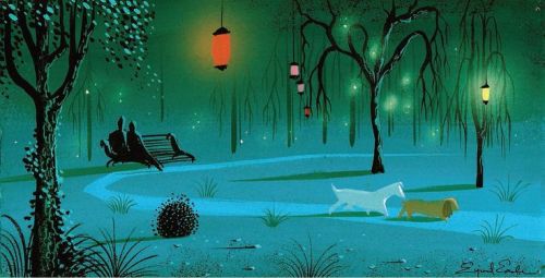 the-disney-elite:Eyvind Earle’s concept art for Walt Disney’s Lady and the Tramp (1955).