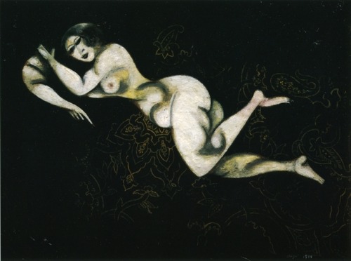 artist-chagall: Nude Lying Down, 1914, Marc ChagallSize: 36.8x50.2 cmMedium: oil on cardboard