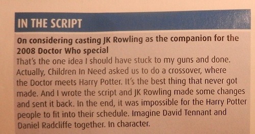 lumos5000:  syfycity:  Apparently we could have had a Harry Potter and DW crossover in 2008.  Imagine David Tennant and Daniel Radcliffe together. In character.   holy shit